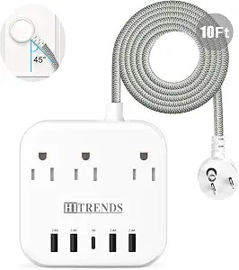 Surge Protector Power Strip, 10FT Extension Cord, 3 Outlets 4 USB-A 1 USB-C (5V/3A), 45 Flat Plug Wall Mountable for Home Office, Dorm, Cruise Ship, Nightstand