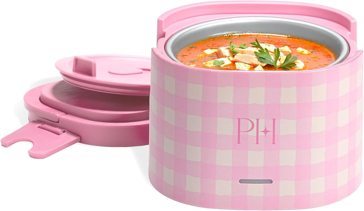 Paris Hilton Electric Lunch Warmer, 20-Ounce Stainless Steel Portable Food Container With Sealing Lid, Removable 2.5-Cup Inner Dish, Gingham Front Design, Pink