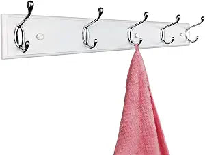 Wooden Wall Mounted Coat Rack  24 Inch (60cm), White with 5 Silver Hooks for Entryway, Hallway, Bedroom