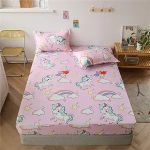 Feelyou Girls Unicorn Fitted Sheet Queen Cute Dreamy Horse Bed Sheet Set for Kids Children Bedroom Decor Cartoon Magical Animal Girly Fantasy Unicorn Rainbow Bed Cover (Flat Sheet Not Included)
