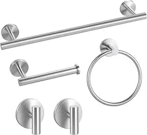 Brushed Nickel Bathroom Hardware Set 5 Pieces, Bathroom Towel Rack Holder Set Wall Mounted, SUS304 Stainless Steel Towel Bar Set - 16 Inch Towel Bar, Toilet Paper Holder, Towel Hooks, Towel Ring