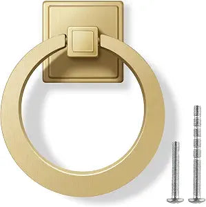 4 Pack 2-1/2 inch Solid Cupboard Knobs Zinc Alloy Vintage Ring Cabinet Pulls for Kitchen, Round Dresser Drawer Knobs with Screws, Gold Dresser Drawer Handles