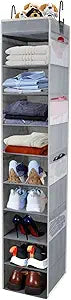 Large-Sized Hanging Shoe Organizer 10-Shelf, Sturdy Hanging Closet Organizer with 8 Side Pockets, Wider Hanging Shelves for Storage Shoes Clothes Jeans Shirts Toys, Grey