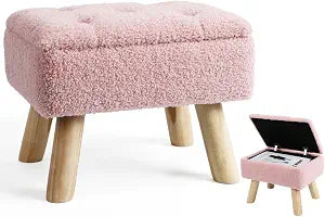 OGEMXU Storage Ottoman, Small Foot Stool Ottoman with Storage, Boucle Teddy Velvet Foot Rest with Padded Seat, Sturdy Wood Legs Stool for Living Room, Bedroom, Couch, Enterway (Pink)