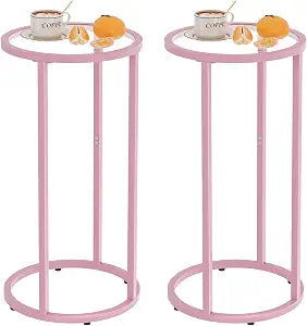 C Table Side End Table,Glass Couch Table Set of 2, Round Sofa End Table with Metal Frame, Small Snack Table for Living Room, Bedroom, Small Spaces, Easy Assembly (Pink,2pcs)