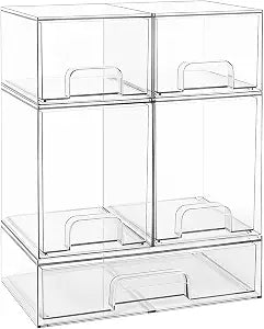 Baby Bottle Organizer Stackable, Acrylic Storage Drawers 5 pack with Non-Slip Pads, Pull-Out Drawers for Baby Bottle, Pump Parts, Pantry, Vanity Countertop (4.4" and 7.6" Tall and 12.1" Wide)