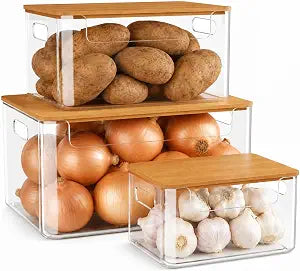 3 Pack Pantry Organizers and Storage Bins with Bamboo Lids,Trash Bag Holder