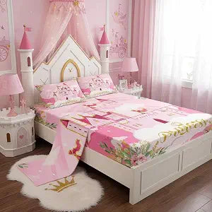 Manfei Girls Women Princess Bed Sheet Set Queen,Pink Castle Dreamy Sheets Set Kids Bedroom Decor,Flowers Garden Princess Bed Set,Fairy Tale Theme Sheets Set for Girls