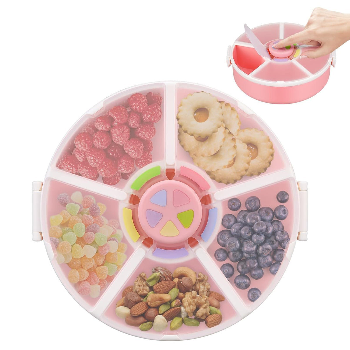 Pawtong Snack Rotator Container Reusable Snack Box with 5 Compartment Dispenser and Lid, Color Matching Opening Lid, BPA and PVC Free, for Home, School, Travel (1 Pack- Pink)