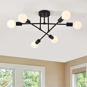 Semi Flush Mount Ceiling Light Fixture, 6 Lights Modern Sputnik Chandelier Ceiling Lamp with E26 Bulb Base, Light Fixtures Ceiling Mount for Bedroom Kitchen Living Room Hallway (Black)