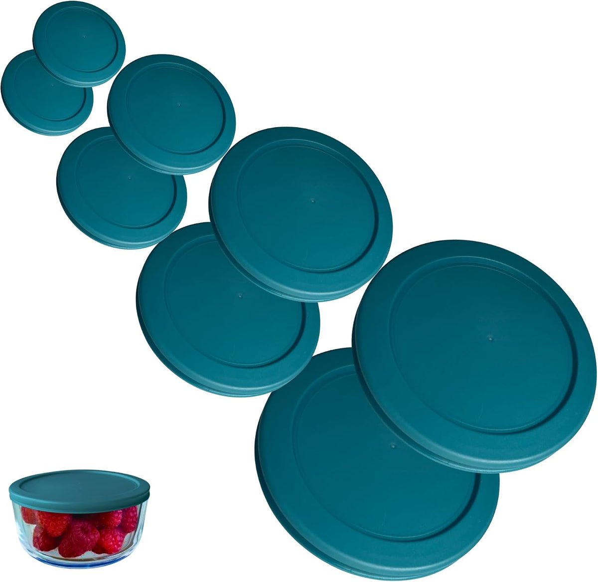 1, 2, 4 & 7 Cup Turquoise Replacement Lids/Covers for Pyrex, Anchor Hocking & KlareWare Storage Bowls *Lids Only Glass Container Not Included* (8 Pack *Two of Each Size*)