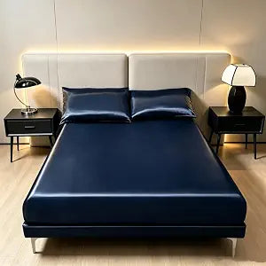 JUWENIN,3PCS Silky Satin Fitted Sets, Including (1 Fitted Sheet +1/2 Pillowcases) Solid Colorful (Navy, Full)