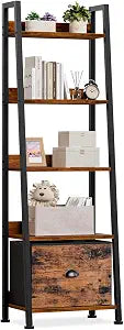 Furologee Ladder Shelf, 5 Tier Bookshelf with Fabric Drawer, Rustic Brown