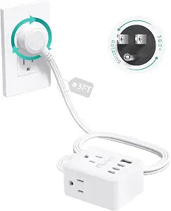 NUTICT 360 Rotating Flat Plug Power Strip with 3AC Outlets and 4 USB Ports