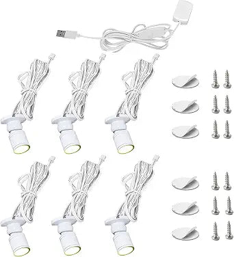 6 PCS Mini LED Spotlight for Display Cabinet, Aluminum USB Showcase Lights with Dimmer, 5V 1W Rotatable Jewelry Display Lighting for Painting Plant Picture (Warm White 3000K, White)