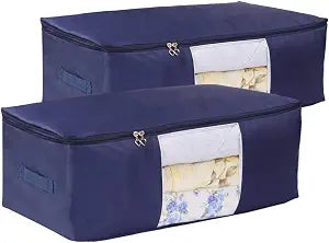 Comforter Storage Bags Pack of 2,Pillow Beddings/Blanket Clothes Organizer Storage Containers with Zippers,Breathable and Moistureproof(Navy blue 2pcs, XXL)