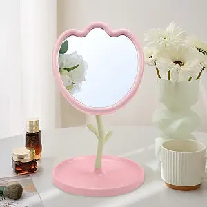 Flower Shaped Desk Mirror with Tray Adjustable Angle Tabletop Vanity Makeup Mirror for Home Decoration
