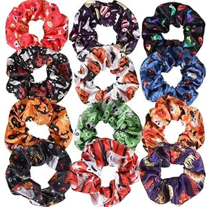 12PCS Halloween Hair Scrunchies Soft Fall Pumpkin Skull Ghosts Bat Spider Web Hair Ties Scrunchy Elastics Hair Bands Gifts Ponytail Holder Accessories for Women Girls (12PCSHalloween)