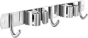 Broom and Mop Holder Wall Mounted, Broom Hanger Storage Rack, Stainless Steel Mop Hanger, Dustpan Holders with 2 Racks and 3 Hooks, Heavy Duty utility hooks for hanging brooms and mops