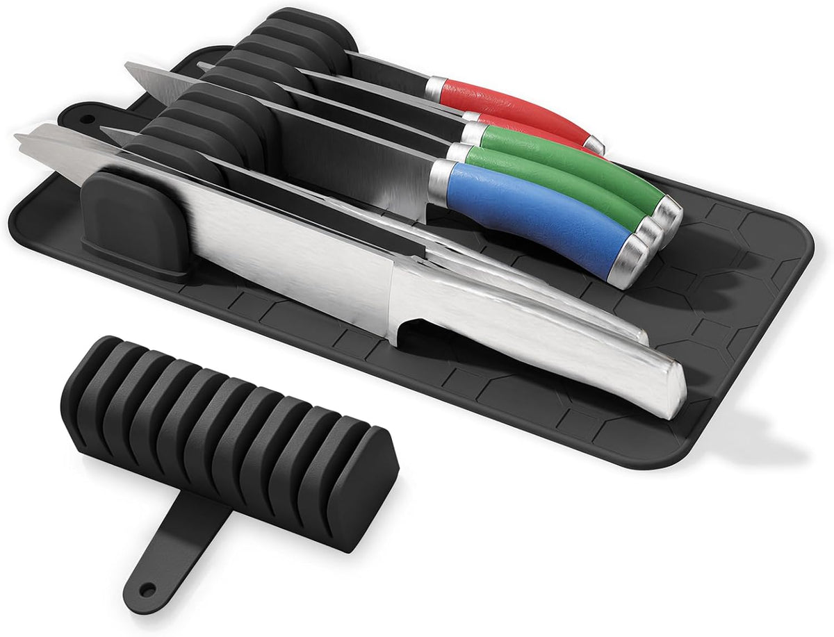 Knife Drawer Organizer, Silicone Kitchen Knife Holder Mat-Black