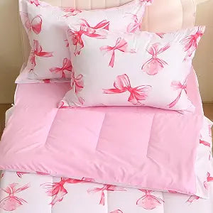 Girls Zipper Bedding Twin Pink Bow Zip Up Comforter Set for Kids Cute Bowknot Zippable Fitted Sheet All in One Bunk Bed Floor Bed Rvs Zippered Bed Set