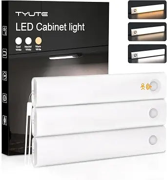 Tyute 3-Pack 7 Inch Under Cabinet Lighting, 3 Color Temperatures, USB-C Rechargeable, Hanging Light with Silicone Lanyard, Magnetic LED Motion Sensor Light for Kitchen, Wardrobe, Stairs, Closet