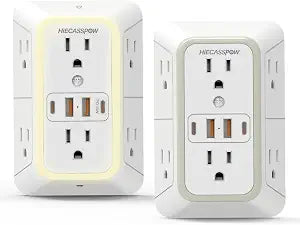 2-Pack Power Strip Extension Protector with 6 outlets and 4 USB Ports (2 USB-A, 2 USB-C with one PD 30W Fast Charge), Three-Sided Power Strip, Spaced outlets Design,1pcs Light with 1pcs no Light
