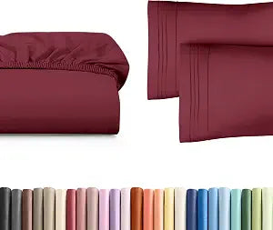 Queen Size Fitted Bed Sheet + 2 Pillowcases Bundle - Hotel Luxury Single Fitted Bottom Sheet Only - Fits Mattress w/ Deep Pockets Between 8 to 16 inches - Soft, Breathable & Wrinkle Free - Burgundy