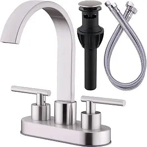 TRUSTMI Bathroom Faucet 3 Hole 4 Inch Centerset Sink Faucet with Overflow Pop Up Drain Assembly, 360 Degree Swivel Spout, Non-Rust Stainless Steel, Brushed Nickel