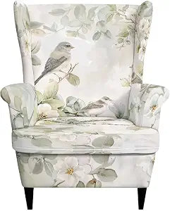 Cozeyat Art Green Leaf Bird Wing Back Chair Covers with Arms 2 Piece Washable Wingback Chair Slipcovers with Elastic Band Stretch Furniture Protector Couch Cover for Living Room Bedroom