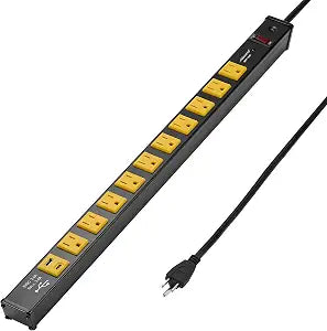 Maxxima 10 Outlet Heavy Duty Power Strip with USB Ports, 6ft Extension Cord