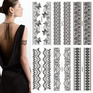 8 Sheets Sexy Lace Temporary Tattoo Stickers Black Lace Thigh Arm Waterproof Art Fake Tattoos for Women (Style 3)