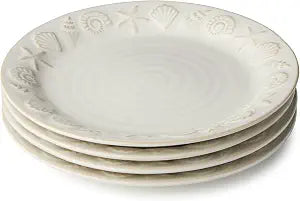 Coastline Cream Stoneware SALAD/DESSERT PLATES SET of 4, 8.5-inch embossed coastal shell and starfish plates with glossy glaze