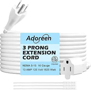 Adoreen Power Extension Cord 15 Ft White, Seamless One-Piece Molded Plug 3 Prong 16 AWG Grounded Wire Electric Cable for Home Office Appliances, 16 Gauge 13A 125V 1625W, SVT, ETL with Ties