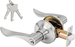 Keyed Entry Door Lever, Door Handle with Lock and Key, Exterior  Interior Door Handle for Bedroom, Wave Style Lever Satin Nickel, Reversible for Left/Right