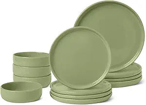 Amazon Basics Glazed Stoneware Dinnerware, 12-Piece Set, 4 Full Place Settings, Microwave and Dishwasher-Safe, Olive