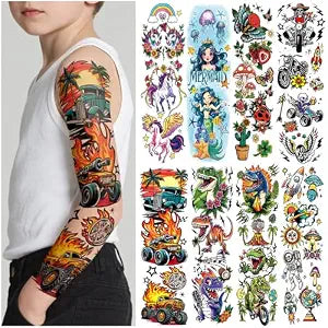 52pcs Temporary Tattoos for Kids, Full Arm Sleeve Tattoos with Mermaid Unicorn Truck Dinosaur Rocket Animals Plants Body Face Fake Arm Tattoos Stickers for Grils Boys Gift Party Supplies