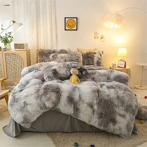 Shaggy Fluffy Duvet Cover Set Full Size Ultra Soft Faux Fur Plush Comforter Cover Set Luxurious Fuzzy Bedding Set 3Pcs (1Duvet Cover + 2Pillow Shams) with Zipper Closure (Gray White Tie Dye)