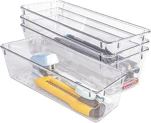 4PCS Clear Plastic Drawer Organizer, Desk Drawer Divider Organizers