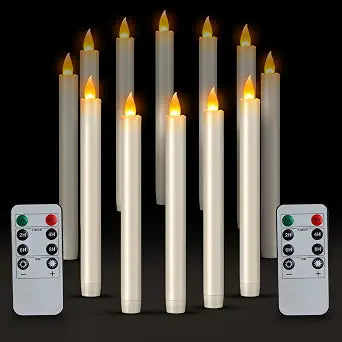 wemarry 10" Flameless Taper Candles with Remote, Electric Led Candlesticks, Plastic Tall Taper Candles Battery Operated with Flickering Flame for Halloween Christmas Wedding Home Dcor(Ivory, 12 Pack)