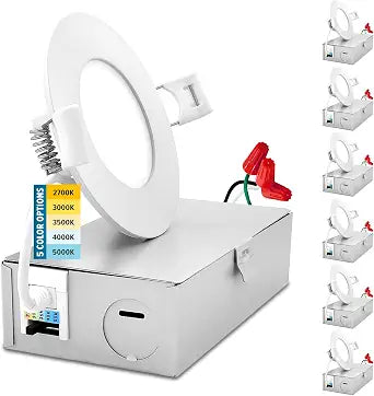 SUNPERIAN 3 Inch Ultra-Thin LED Recessed Lighting with Junction Box, 5 Color Options 2700K/3000K/3500K/4000K/5000K, 8W, 540 Lumens, Dimmable Wafer Lights, Wet Rated, IC Rated, ETL Listed (6 Pack)