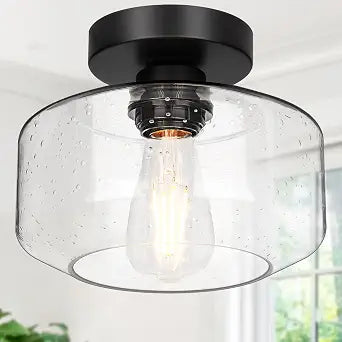 Lynnoland Industrial Farmhouse Semi Flush Mount Ceiling Light, Seeded Glass Shade, Ceiling Mount Light Fixture for Hallway Corridor Kitchen Entryway Passageway Bathroom Bedroom