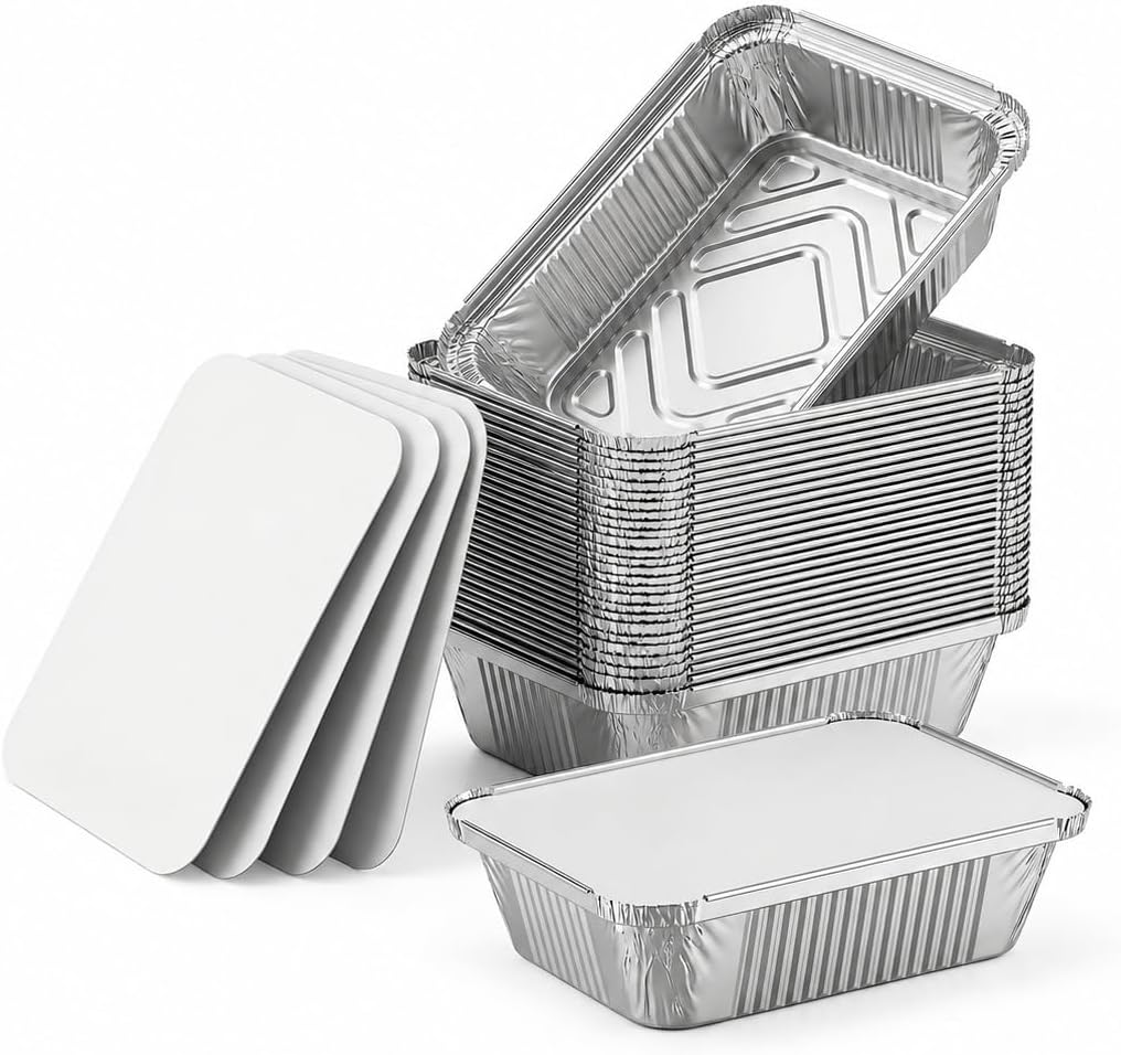 50 Pack Aluminum Pans with Cardboard Lids, 8.3"x6.2", 2.25 LB