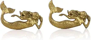 SOFFEE DESIGN Set of 2 Vintage Gold Mermaid Cabinet Knobs for Drawer, Ocean Beach Theme Aged Treatment Antique Door Knobs with Mounting Screws for Cupboard, Kitchen Furniture