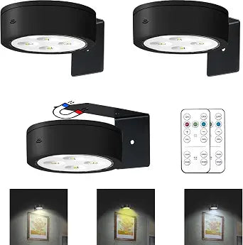 3Pcs Battery Operated Picture Light, Magnetic Painting Light with Remote, Dimmable Timer Art Display Light with 3 Light Modes for Dartboard Frame Picture Portrait,Wireless Wall Decor Puck Lights