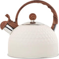 Whistling Stainless Steel Tea Kettle with Wood Grain Anti Heat Handle, Cylindrical Wood Grain Stainless Steel Cover, 2.6 Quart/2.5 Liter, Beige