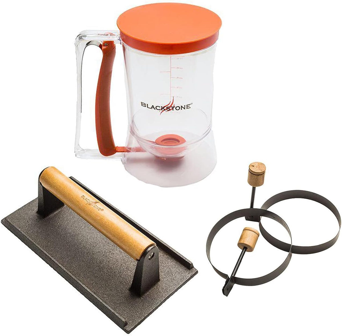 Blackstone 1543 Outdoor Griddle Breakfast Preparation Kit with Pancake Batter Dispenser, Cast Iron Bacon Press, and 2 Non Stick Steel Egg Rings