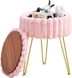 Wimarsbon Vanity Stool with Storage, Faux Fur Ottoman Chair with Metal Legs
