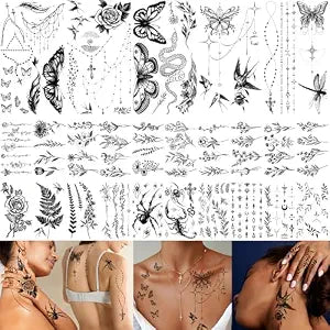 200+PCS Temporary Tattoos for Women, Waterproof Black Realistic Rose Hummingbird Necklace Tattoos Sketch Fake Tattoo for Women Body Art Arm Neck Hands Chest Neck Collarbone Spine Back