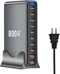 800W USB C Fast Charger Block, 10 Ports GaN III USB Chagring Station, Dual 140W PD PPS HUB for Multiple Devices, Laptop Adapter Compatible with MacBook Pro/Air iPad iPhone Pro Max, Galaxy, Dell, HP
